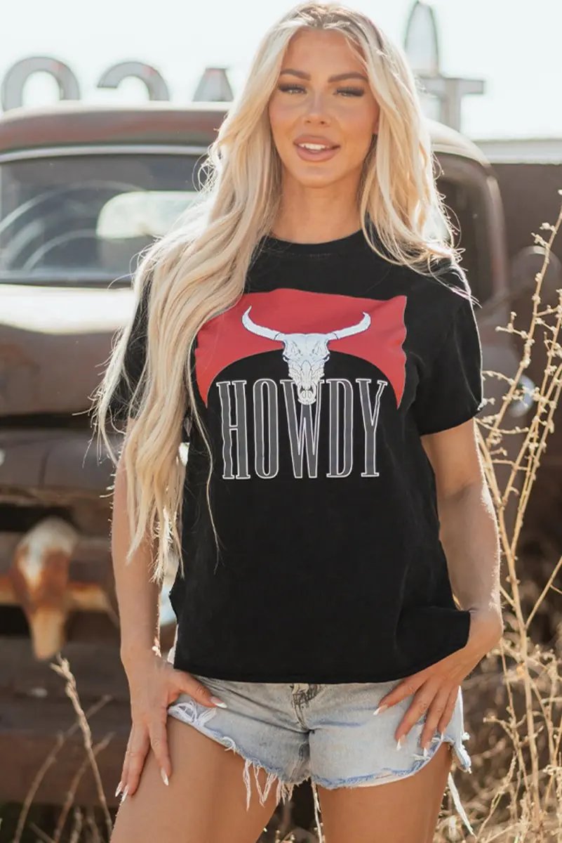 Black Western HOWDY Steer Head Print Side Slits T Shirt - Love Salve 