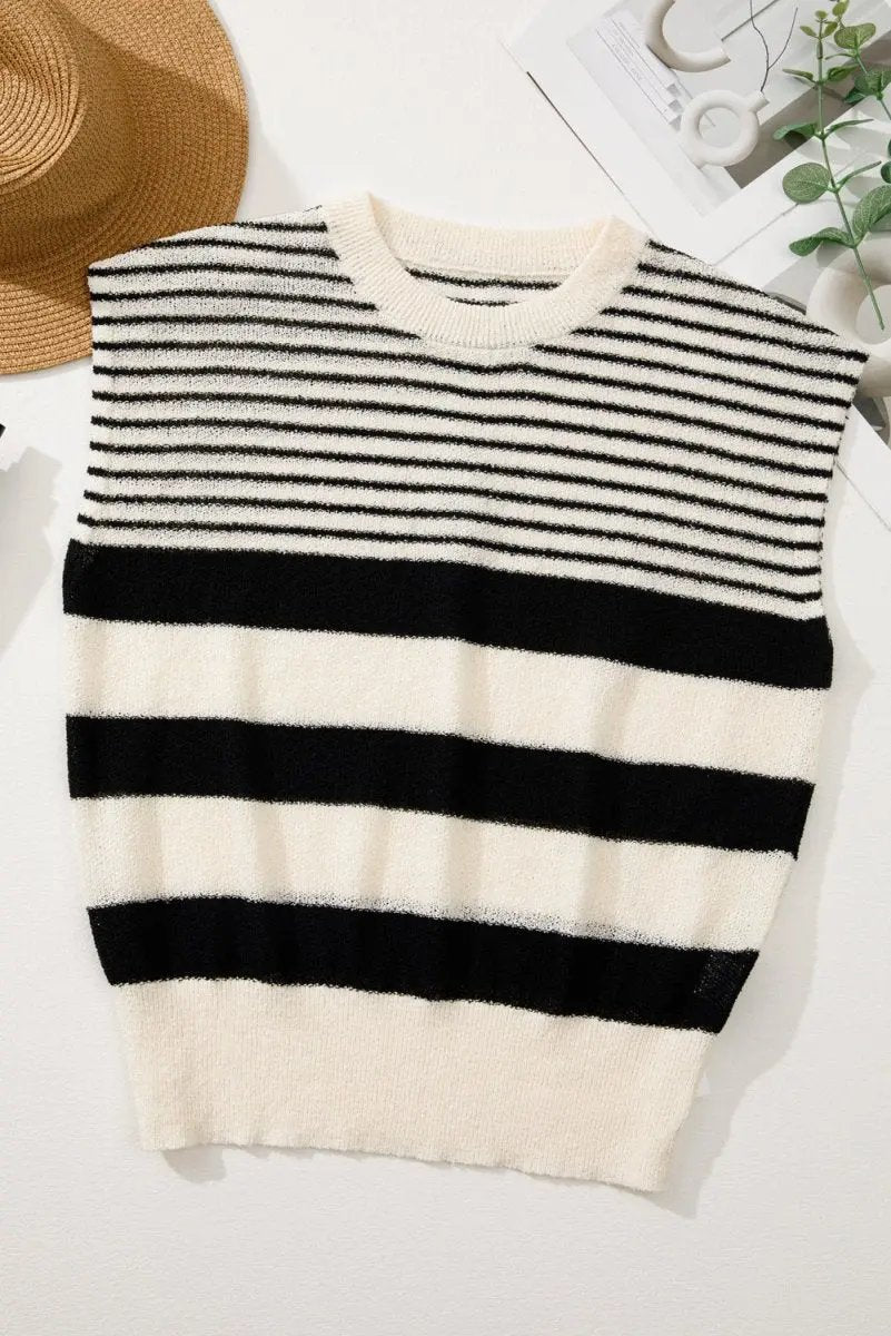 Black White Striped O Neck Sweater Vest for Women - Love Salve 
