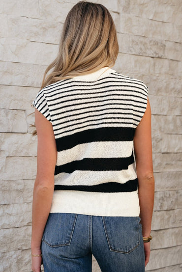 Black White Striped O Neck Sweater Vest for Women - Love Salve 