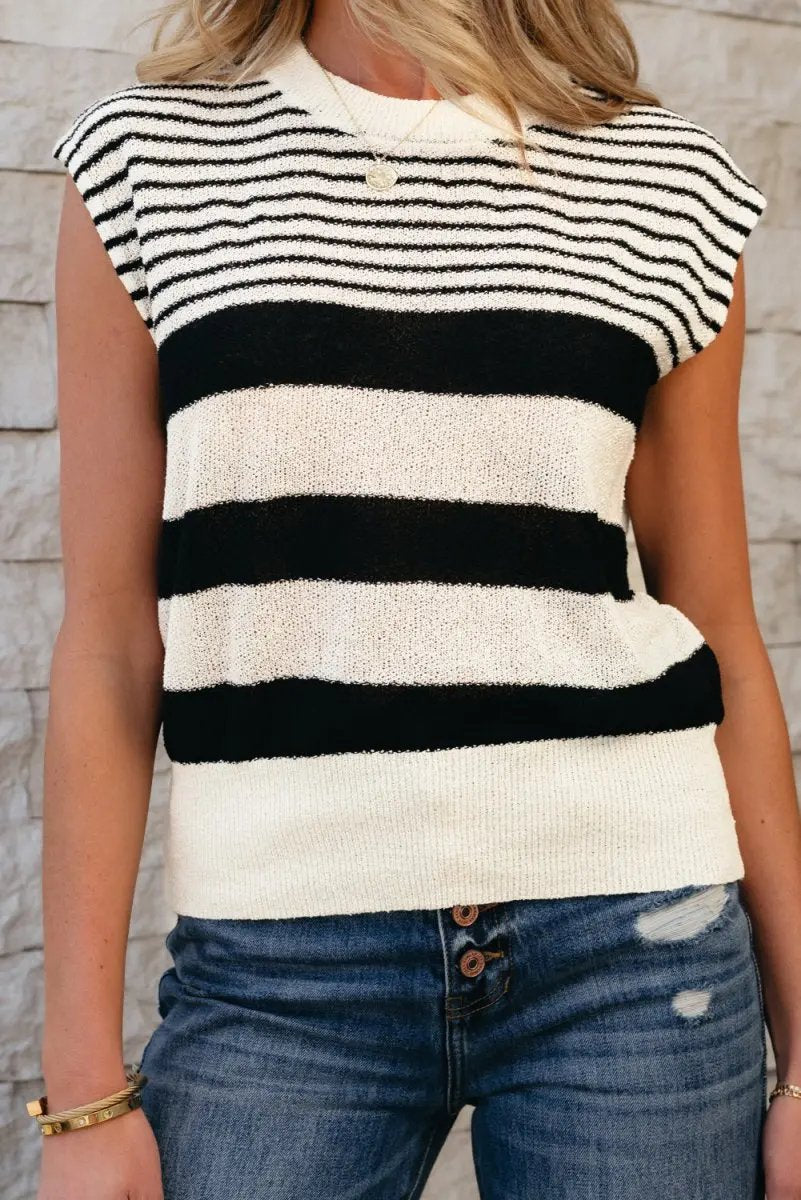 Black White Striped O Neck Sweater Vest for Women - Love Salve 