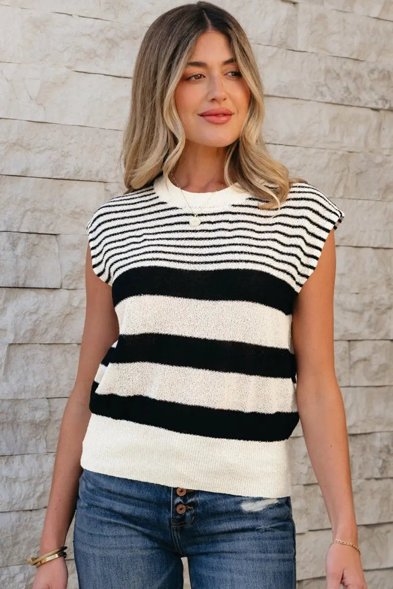 Black White Striped O Neck Sweater Vest for Women - Love Salve 