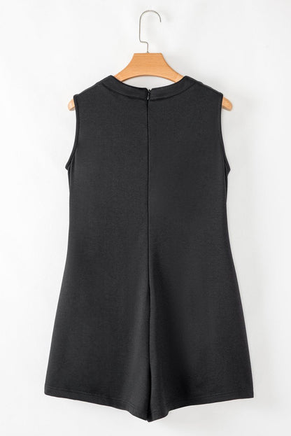 Black White Tie V Neck Pintuck Sleeveless Loose Romper - Love Salve 