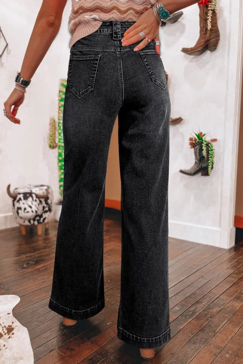 Black Wide Leg Pocketed High Waist Jeans for Women - Love Salve 