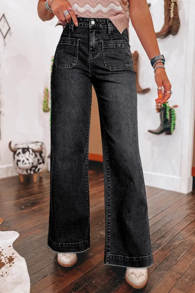 Black Wide Leg Pocketed High Waist Jeans for Women - Love Salve 
