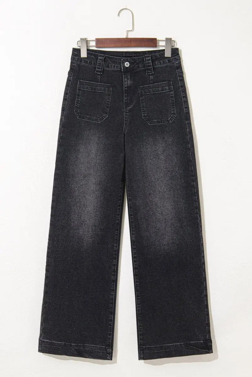 Black Wide Leg Pocketed High Waist Jeans for Women - Love Salve 