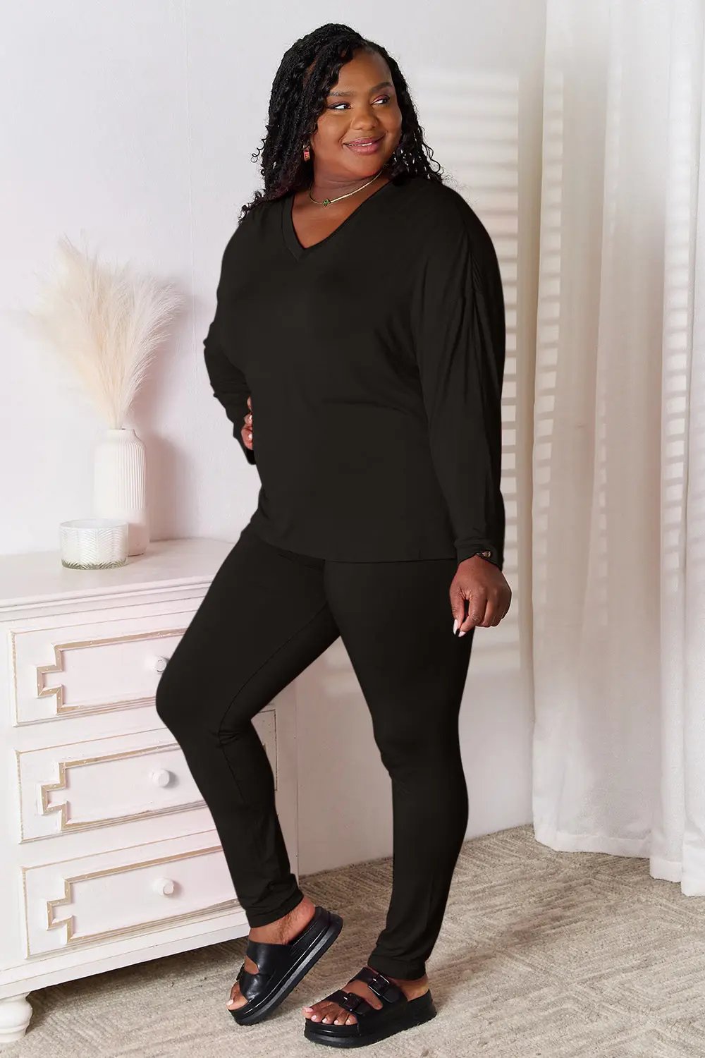 Basic Bae Full Size V-Neck Soft Rayon Long Sleeve Top and Pants Lounge Set - Love Salve