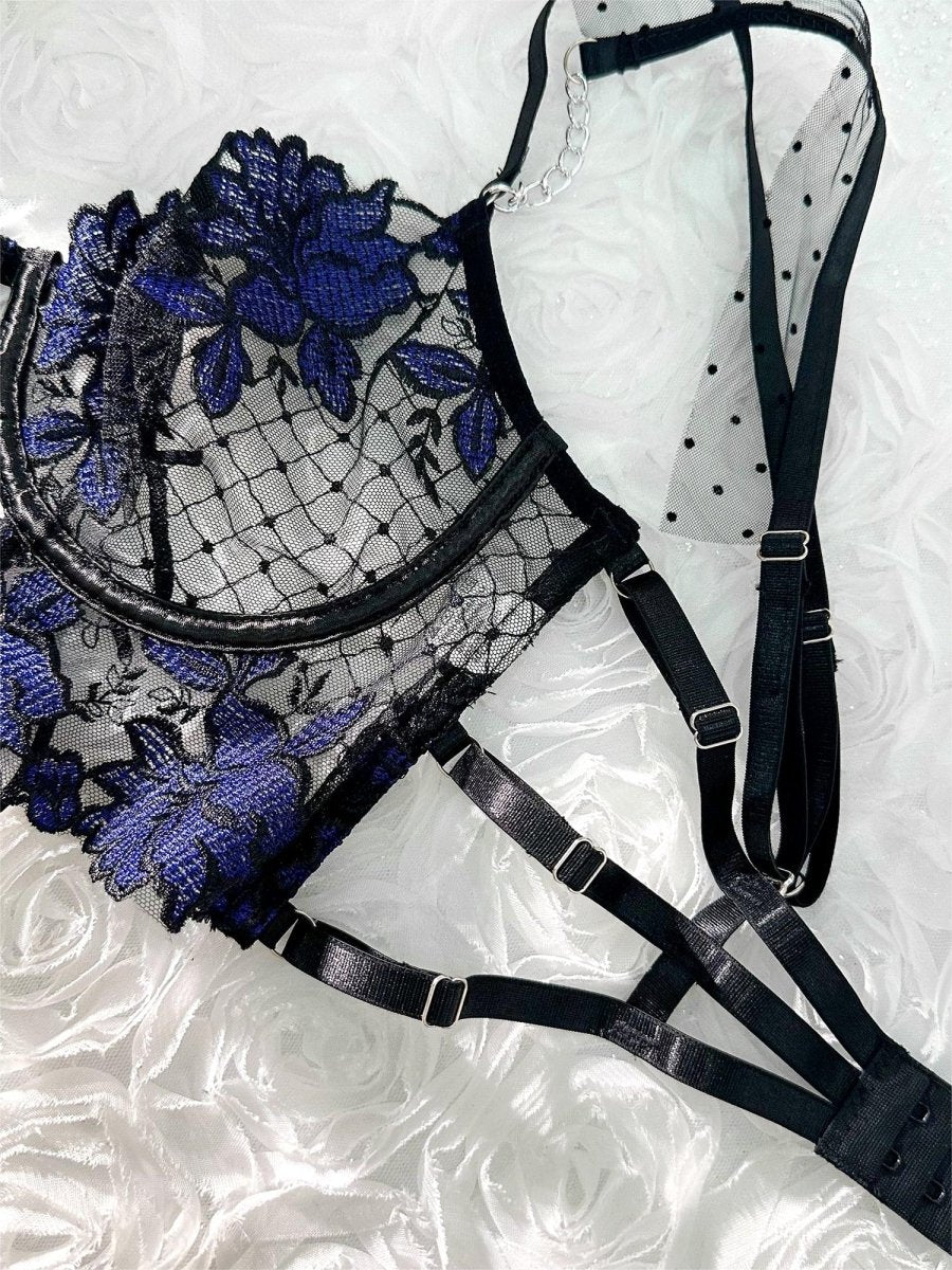 Black&Blue Lace Tie Adjustable Sculpting Body Lingerie Set - Love Salve 