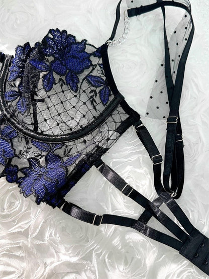 Black&Blue Lace Tie Adjustable Sculpting Body Lingerie Set - Love Salve 