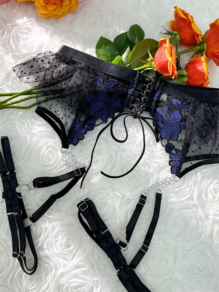 Black&Blue Lace Tie Adjustable Sculpting Body Lingerie Set - Love Salve 