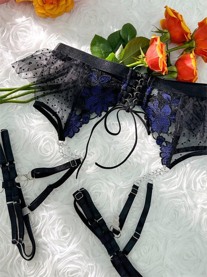 Black&Blue Lace Tie Adjustable Sculpting Body Lingerie Set - Love Salve 