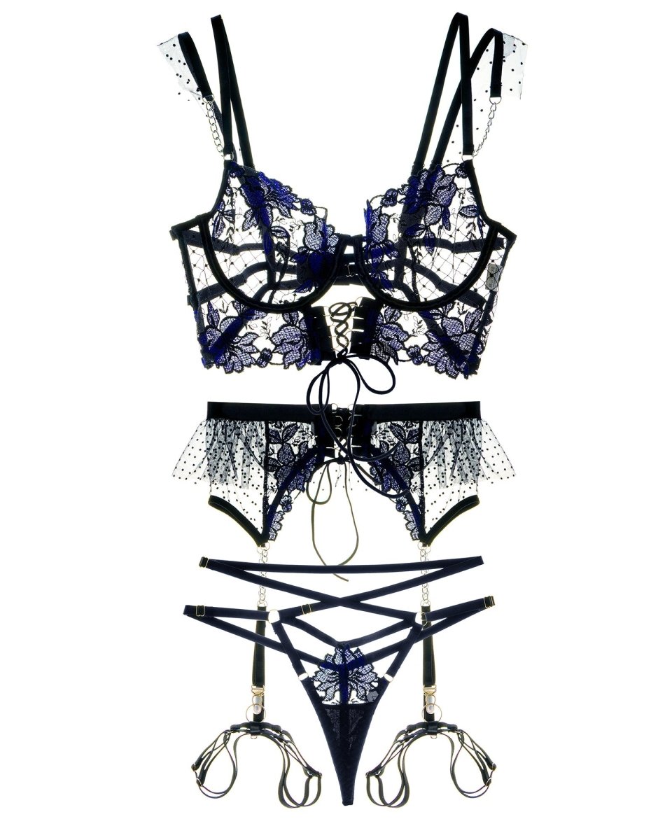 Black&Blue Lace Tie Adjustable Sculpting Body Lingerie Set - Love Salve 