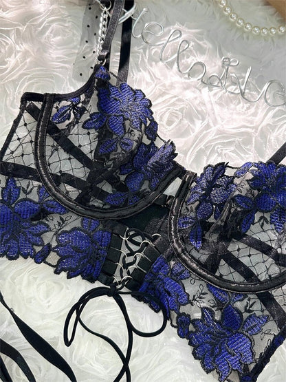 Black&Blue Lace Tie Adjustable Sculpting Body Lingerie Set - Love Salve 