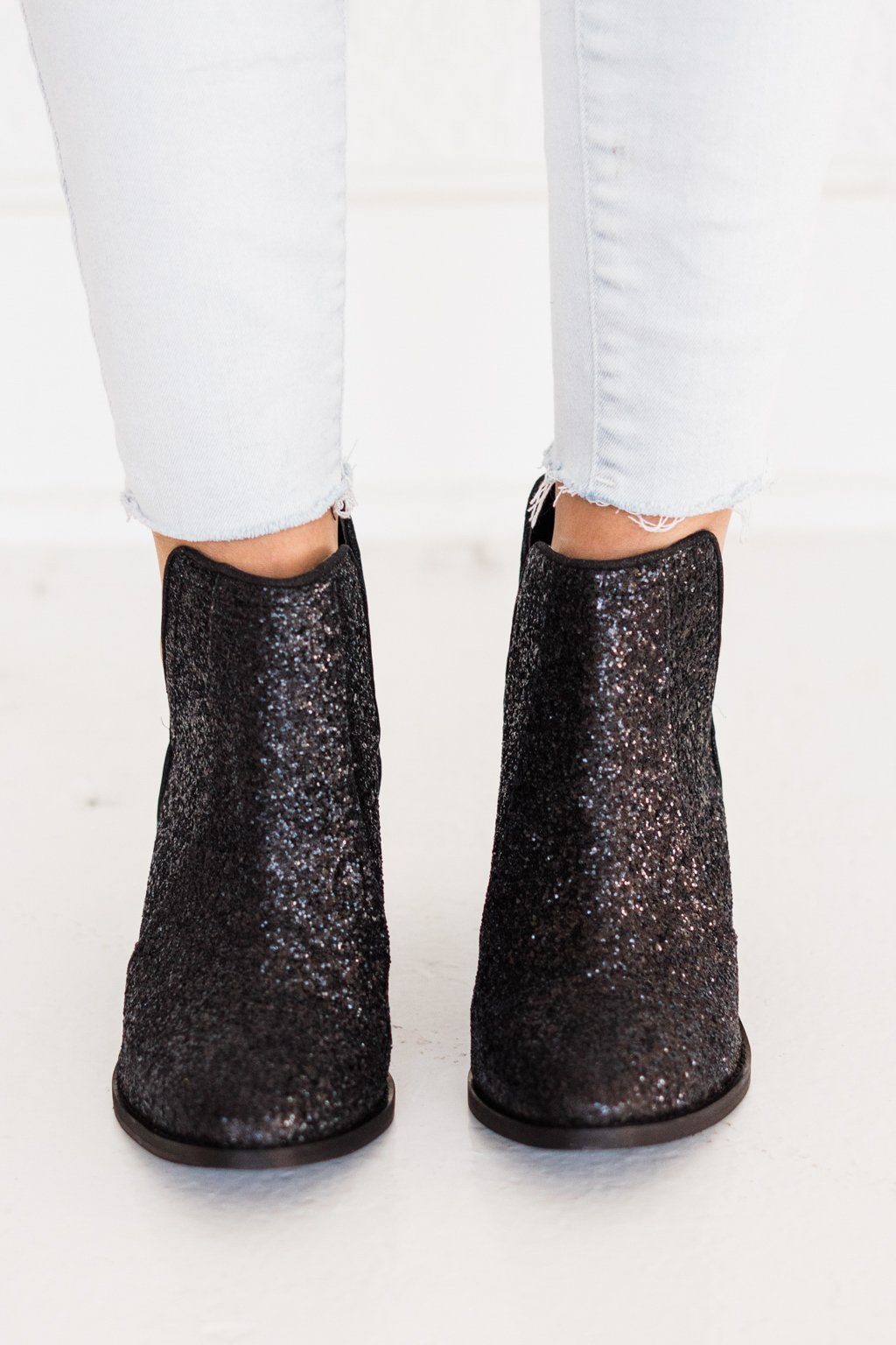 Fiera Glitter Booties Black Sequin Shine 3 Inch Heel Naughty Monkey