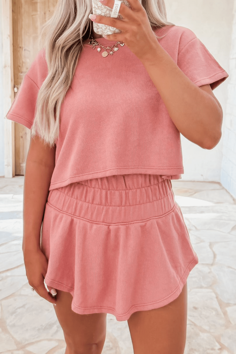 Blossom 2pcs Cropped Tee and Ruffle High Waist Skort Set - Love Salve 