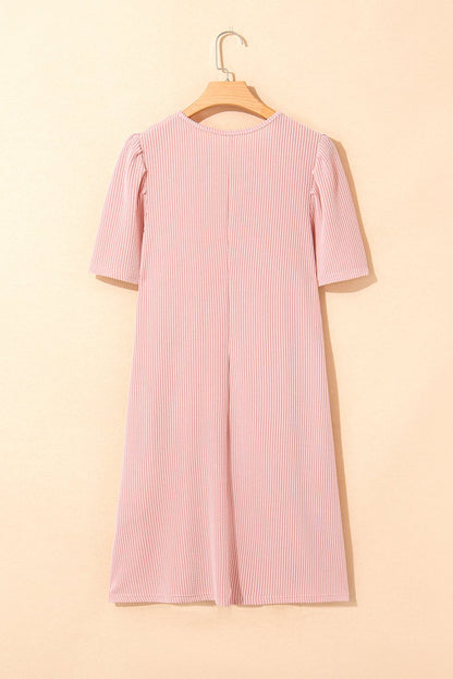 Blossom Corded Knit Crew Neck Puff Sleeve Mini Dress - Love Salve 