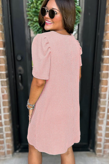 Blossom Corded Knit Crew Neck Puff Sleeve Mini Dress - Love Salve 