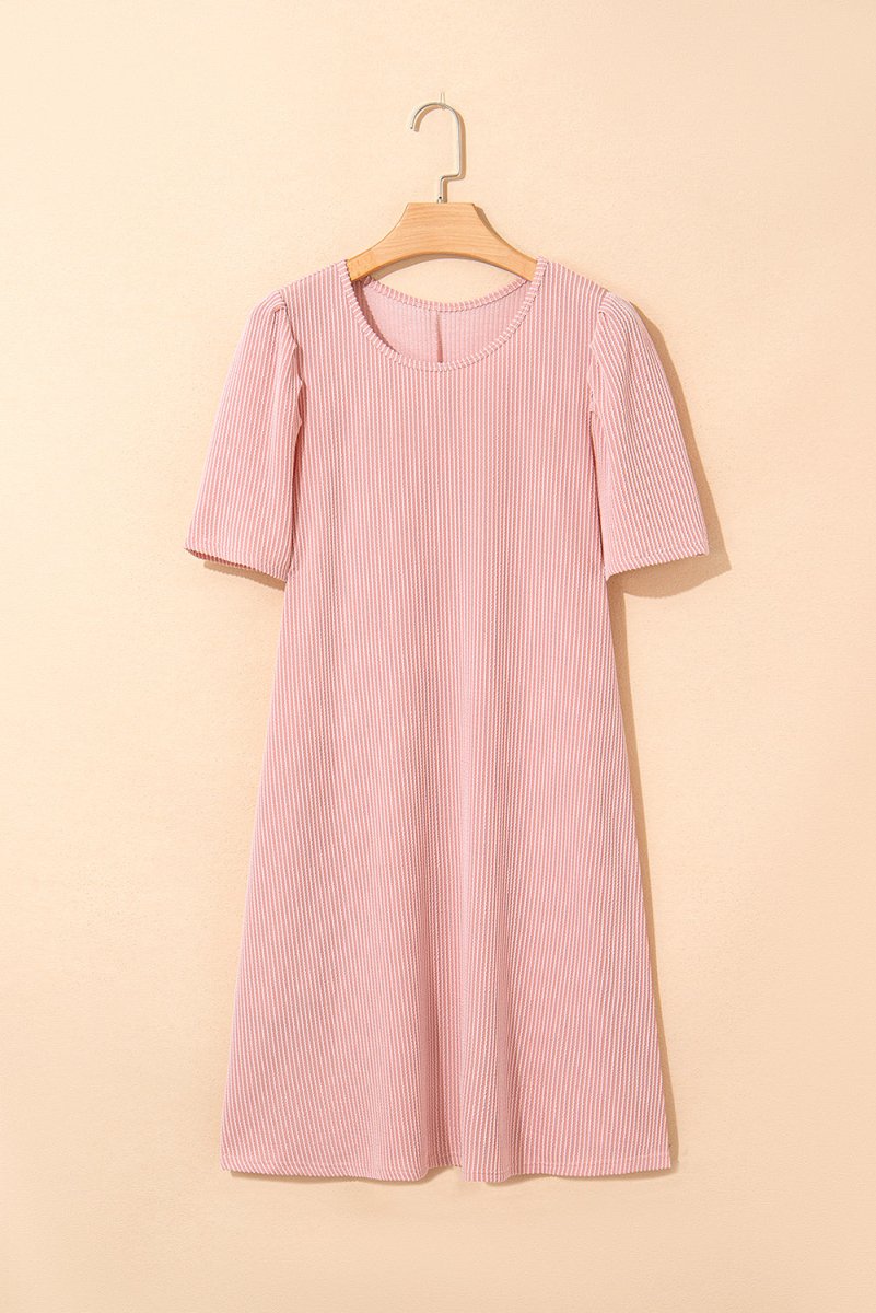 Blossom Corded Knit Crew Neck Puff Sleeve Mini Dress - Love Salve 