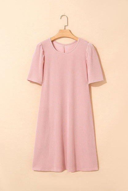 Blossom Corded Knit Crew Neck Puff Sleeve Mini Dress - Love Salve 