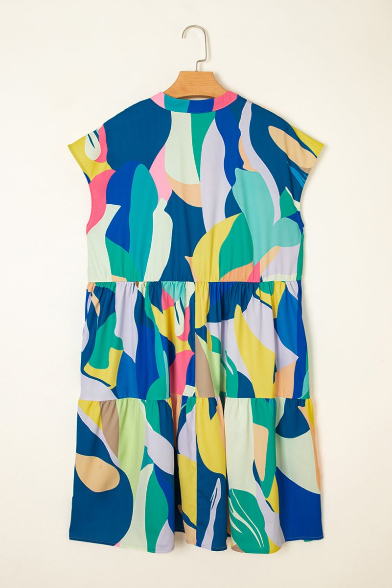 Blue Abstract Print V Neck Cap Sleeve Pocketed Mini Dress - Love Salve 