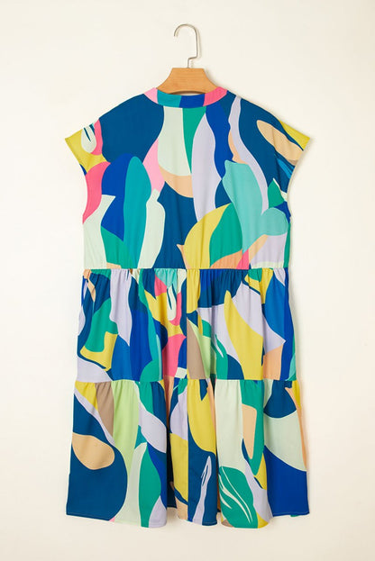 Blue Abstract Print V Neck Cap Sleeve Pocketed Mini Dress - Love Salve 