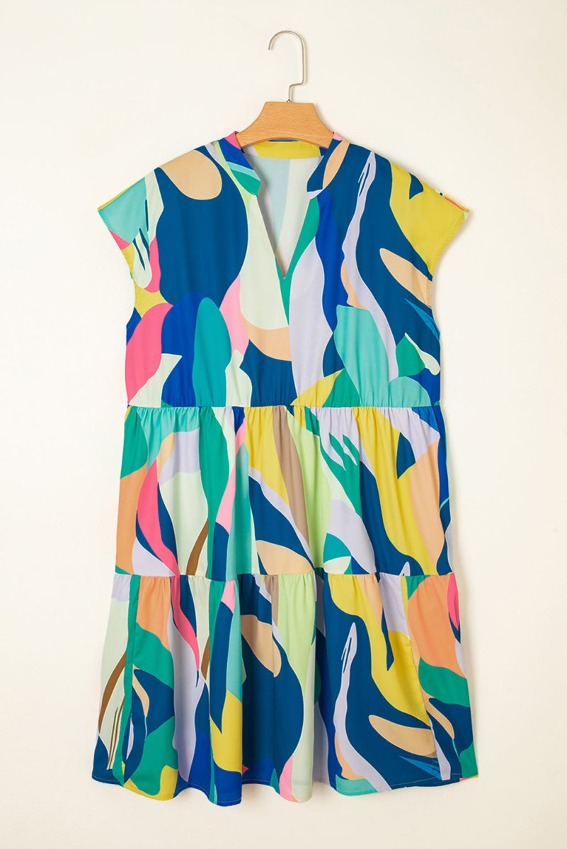 Blue Abstract Print V Neck Cap Sleeve Pocketed Mini Dress - Love Salve 