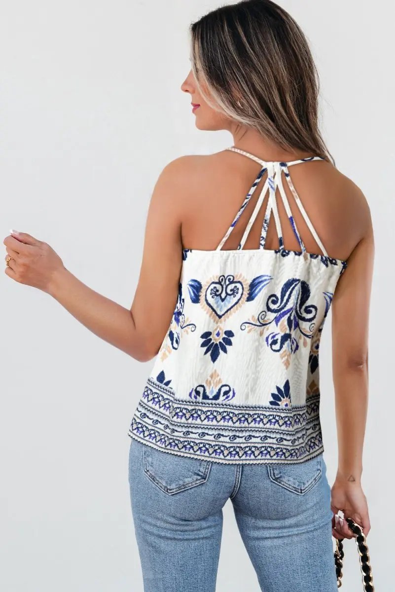 Blue Bohemian Fashion Print Spaghetti Straps Loose Tank Top - Love Salve 