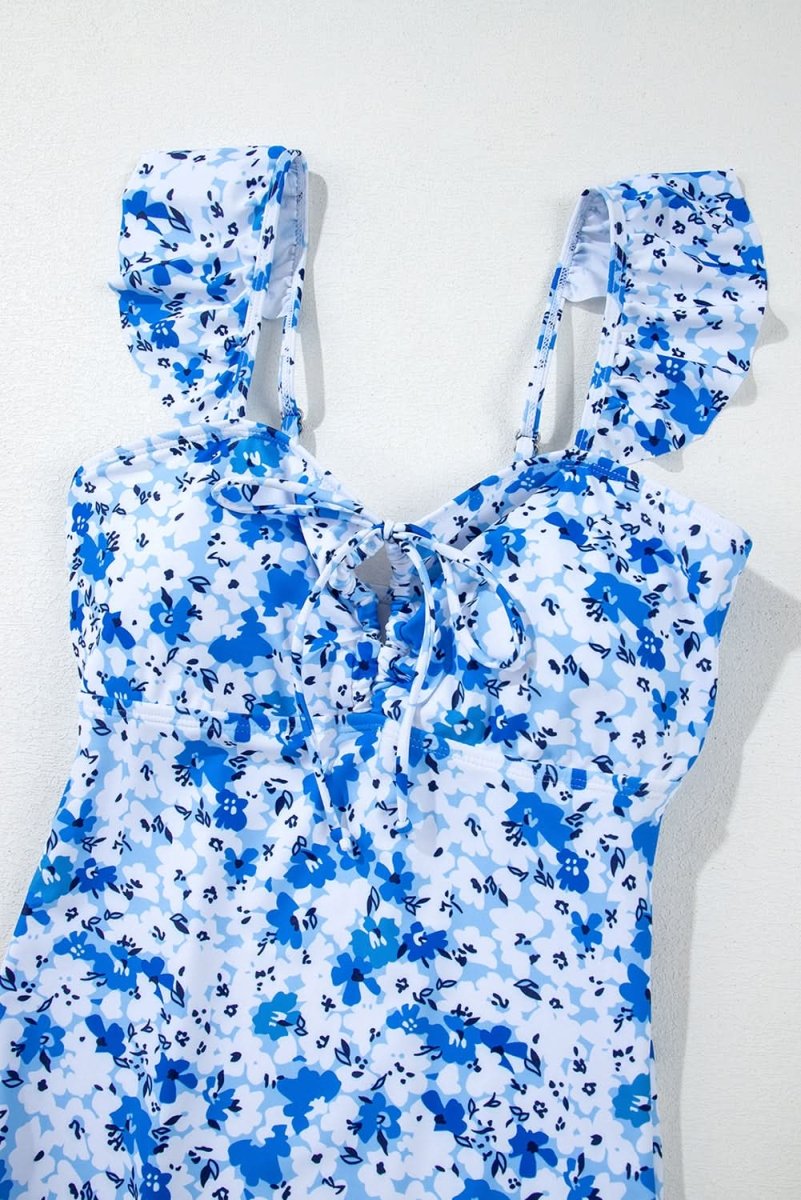 Blue Bohemian Floral Ruffled Lace-Up One-Piece Swimsuit - Love Salve 