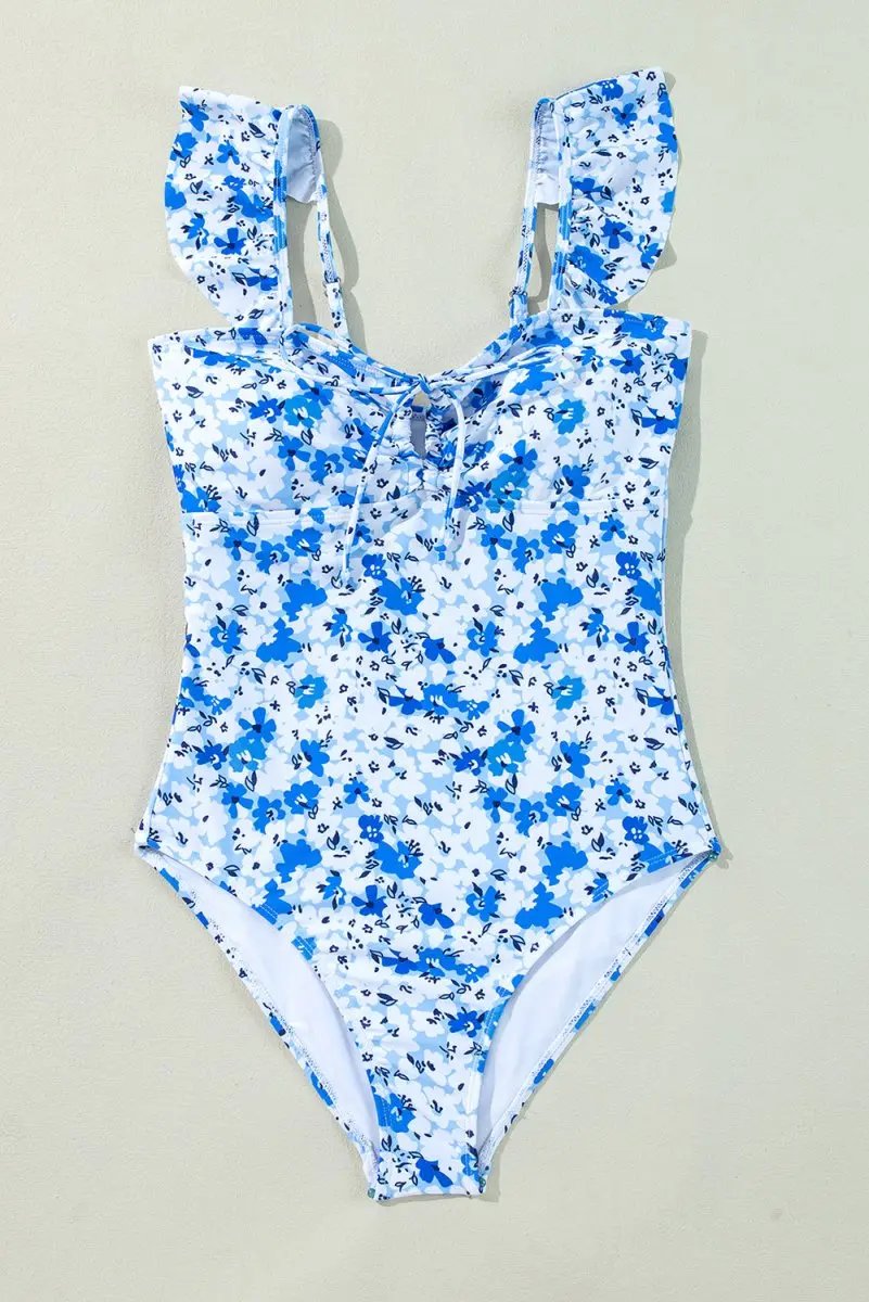 Blue Bohemian Floral Ruffled Lace-Up One-Piece Swimsuit - Love Salve 