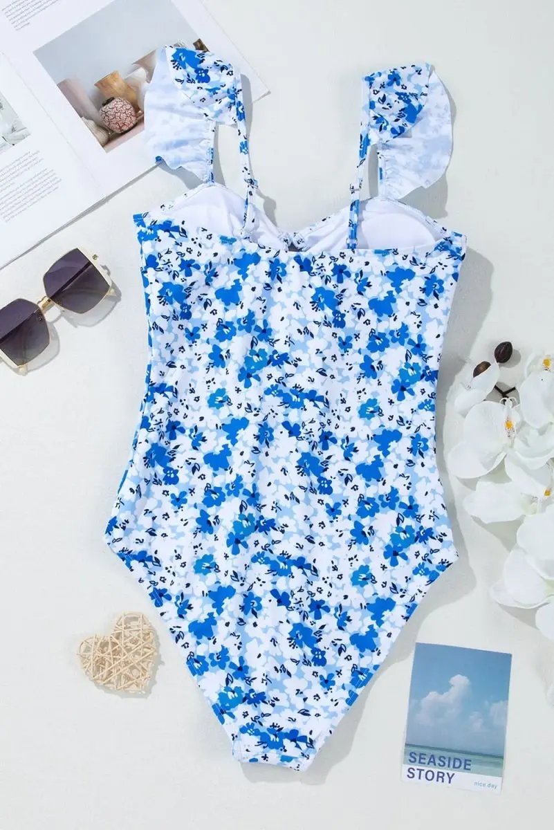 Blue Bohemian Floral Ruffled Lace-Up One-Piece Swimsuit - Love Salve 