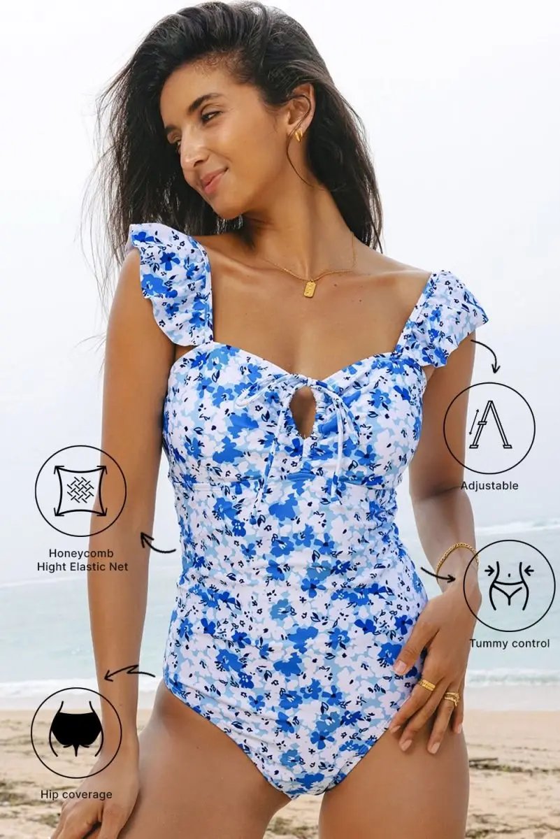 Blue Bohemian Floral Ruffled Lace-Up One-Piece Swimsuit - Love Salve 
