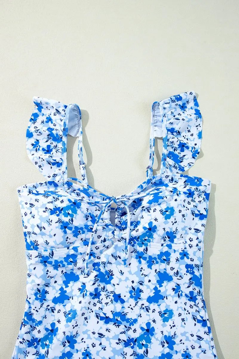 Blue Bohemian Floral Ruffled Lace-Up One-Piece Swimsuit - Love Salve 