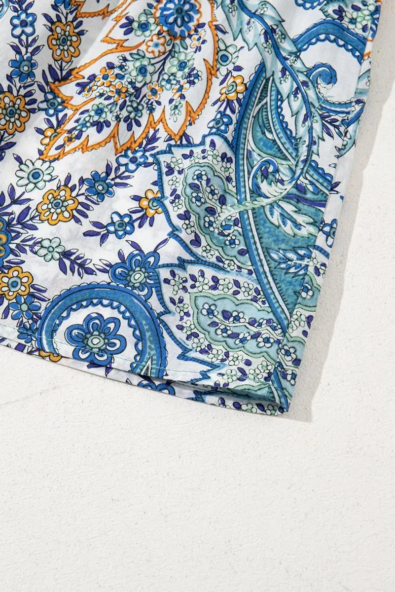 Blue Bohemian Paisley Floral V Neck Short Sleeve Mini Dress - Love Salve 