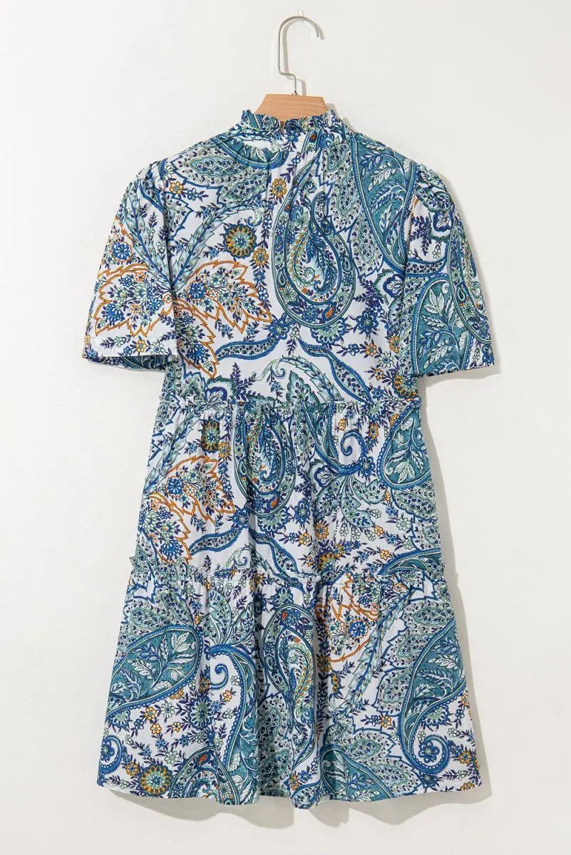 Blue Bohemian Paisley Floral V Neck Short Sleeve Mini Dress - Love Salve 