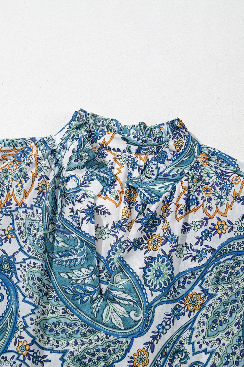 Blue Bohemian Paisley Floral V Neck Short Sleeve Mini Dress - Love Salve 