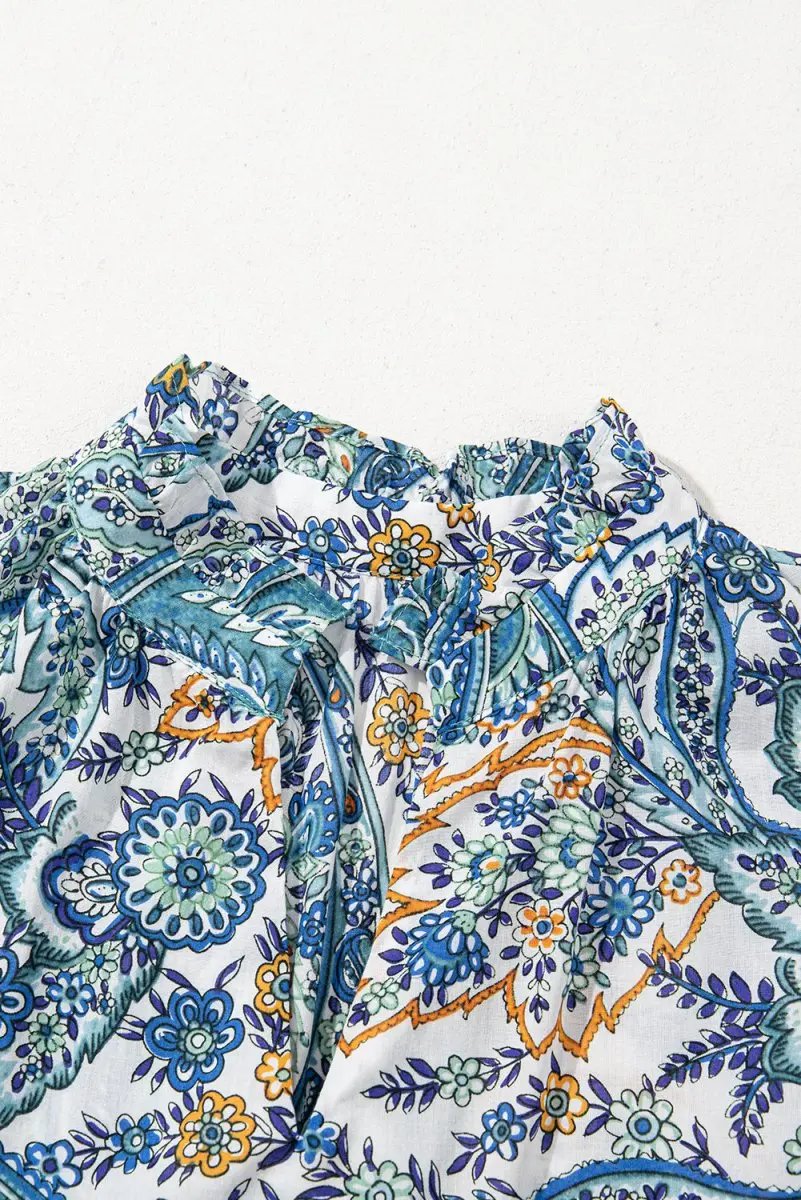 Blue Bohemian Paisley Floral V Neck Short Sleeve Mini Dress - Love Salve 