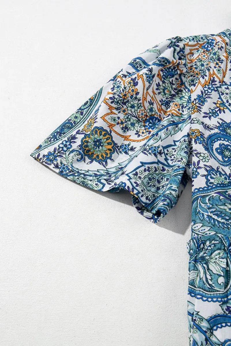 Blue Bohemian Paisley Floral V Neck Short Sleeve Mini Dress - Love Salve 