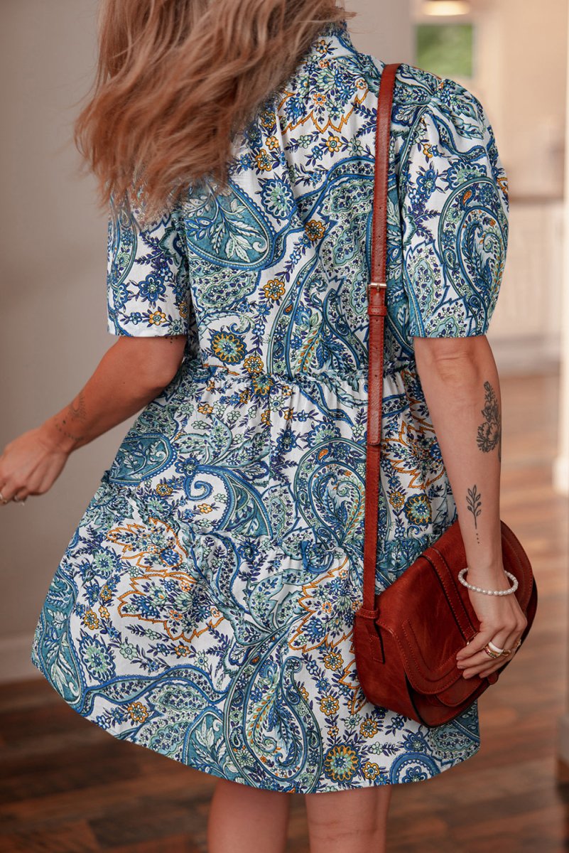 Blue Bohemian Paisley Floral V Neck Short Sleeve Mini Dress - Love Salve 