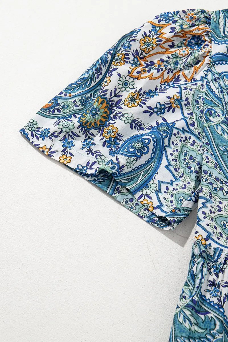 Blue Bohemian Paisley Floral V Neck Short Sleeve Mini Dress - Love Salve 