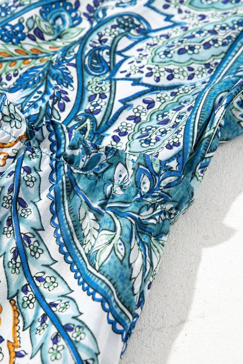 Blue Bohemian Paisley Floral V Neck Short Sleeve Mini Dress - Love Salve 