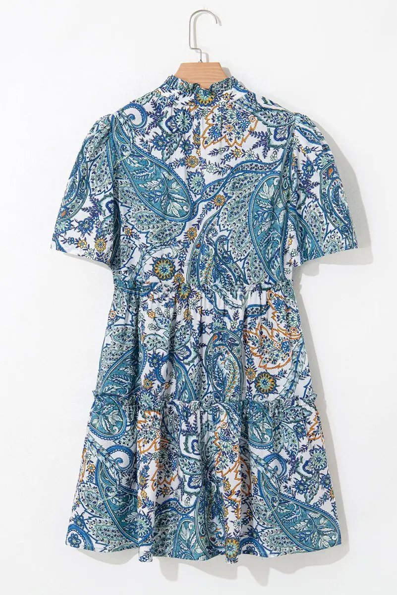 Blue Bohemian Paisley Floral V Neck Short Sleeve Mini Dress - Love Salve 