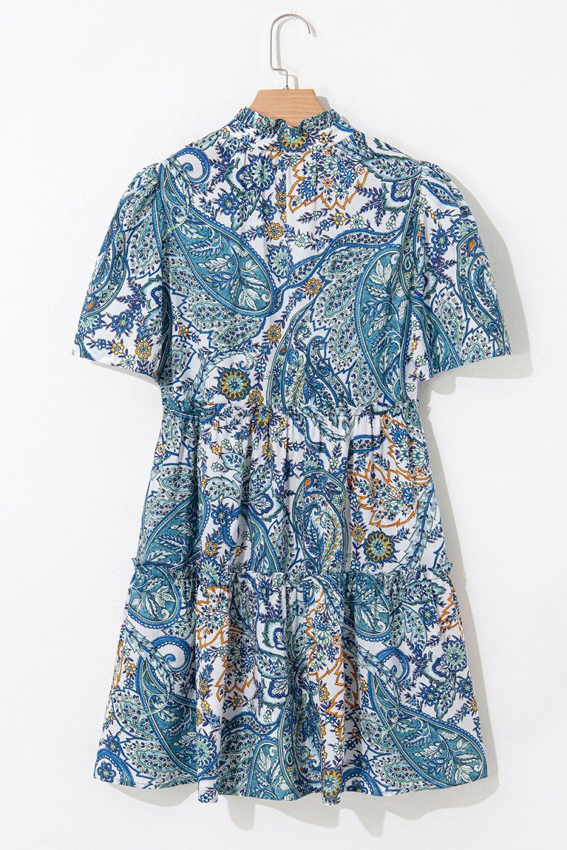 Blue Bohemian Paisley Floral V Neck Short Sleeve Mini Dress - Love Salve 