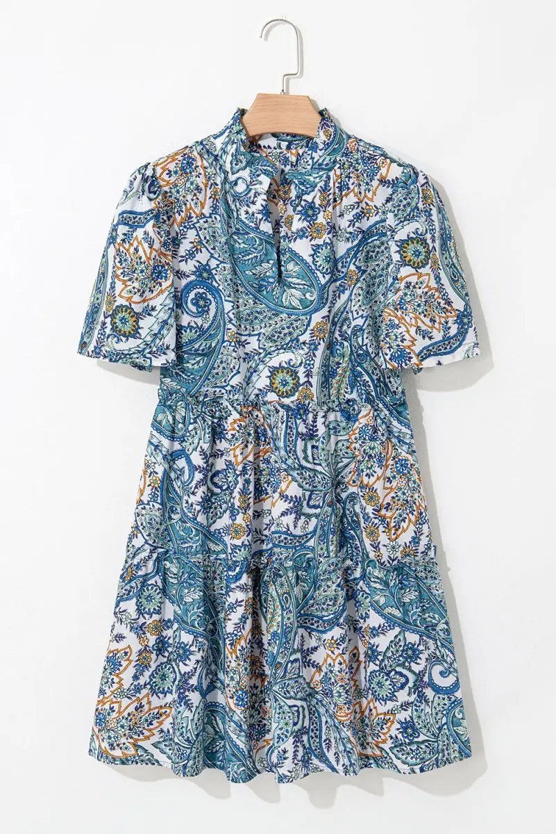 Blue Bohemian Paisley Floral V Neck Short Sleeve Mini Dress - Love Salve 