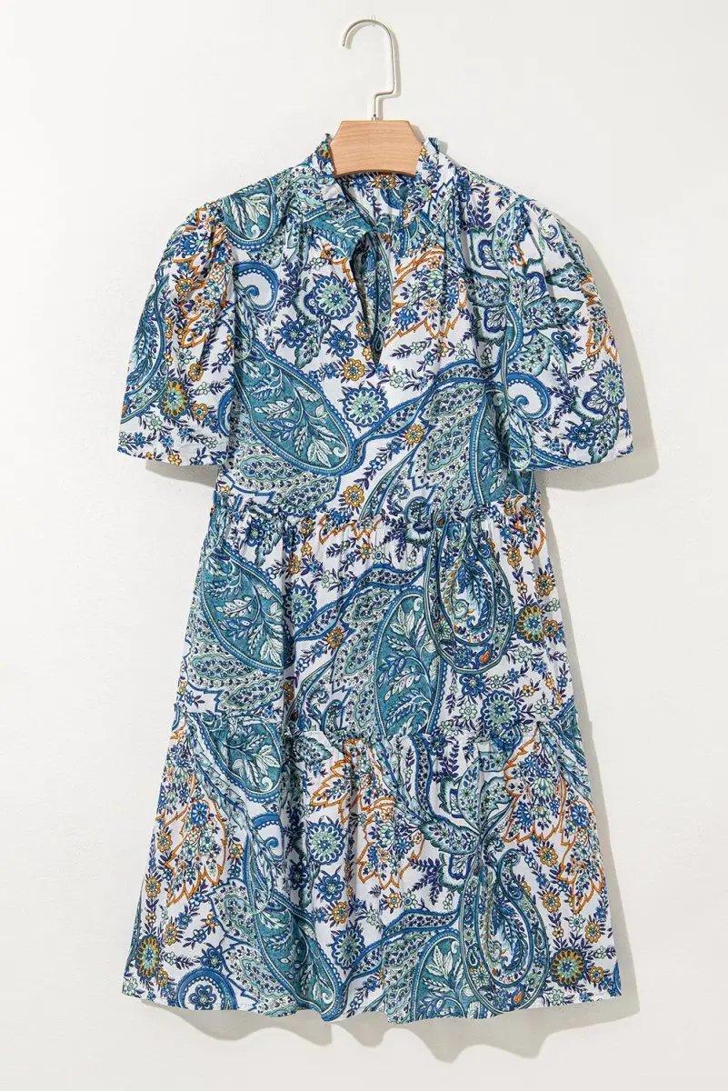 Blue Bohemian Paisley Floral V Neck Short Sleeve Mini Dress - Love Salve 