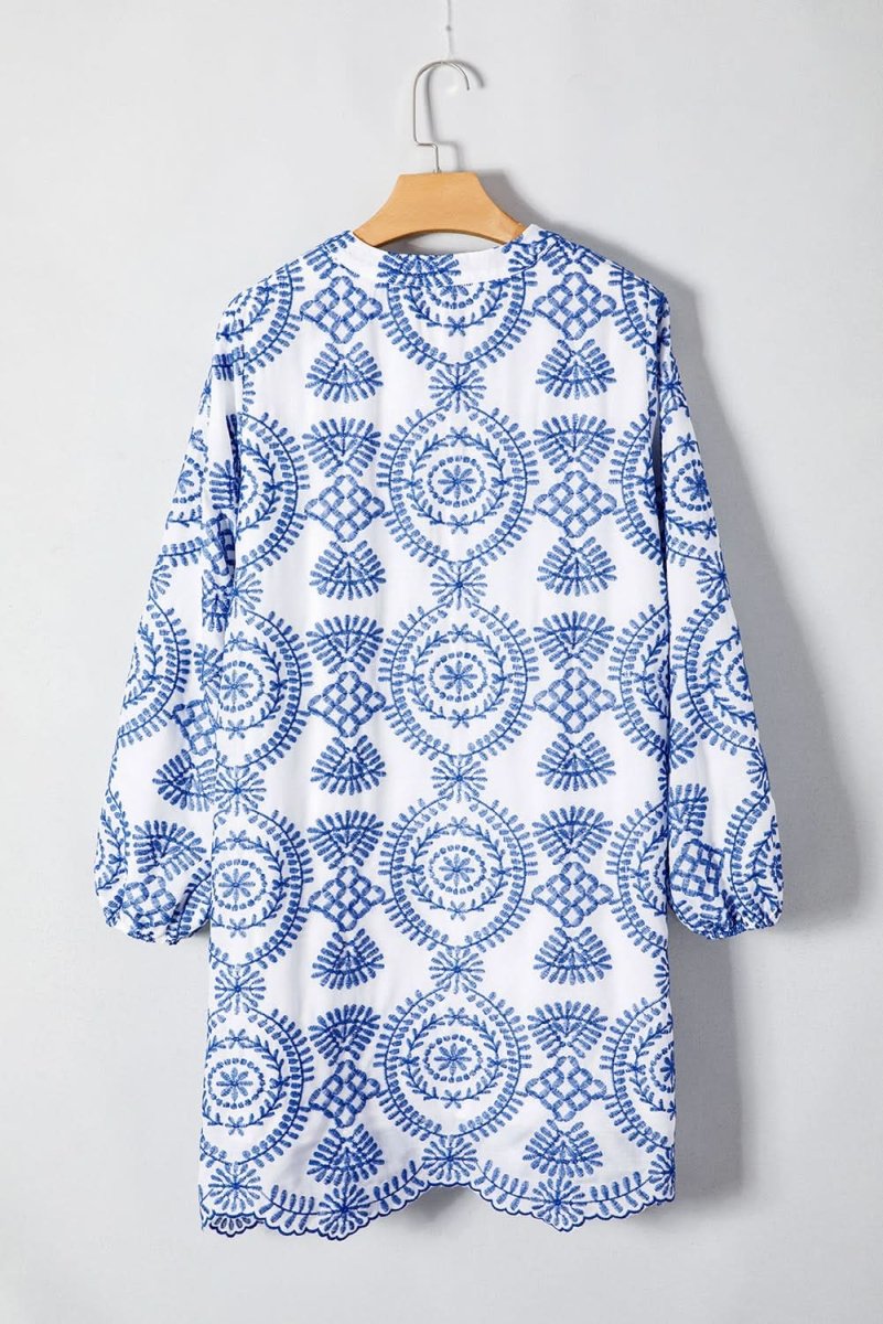 Blue Boho Floral Embroidered Notch V Neck Shift Mini Dress - Love Salve 