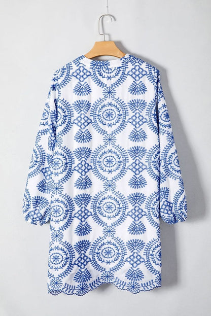 Blue Boho Floral Embroidered Notch V Neck Shift Mini Dress - Love Salve 