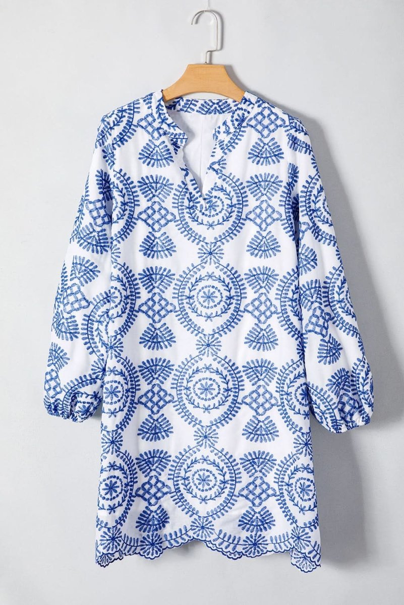 Blue Boho Floral Embroidered Notch V Neck Shift Mini Dress - Love Salve 