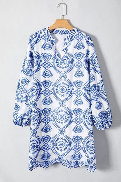Blue Boho Floral Embroidered Notch V Neck Shift Mini Dress - Love Salve 