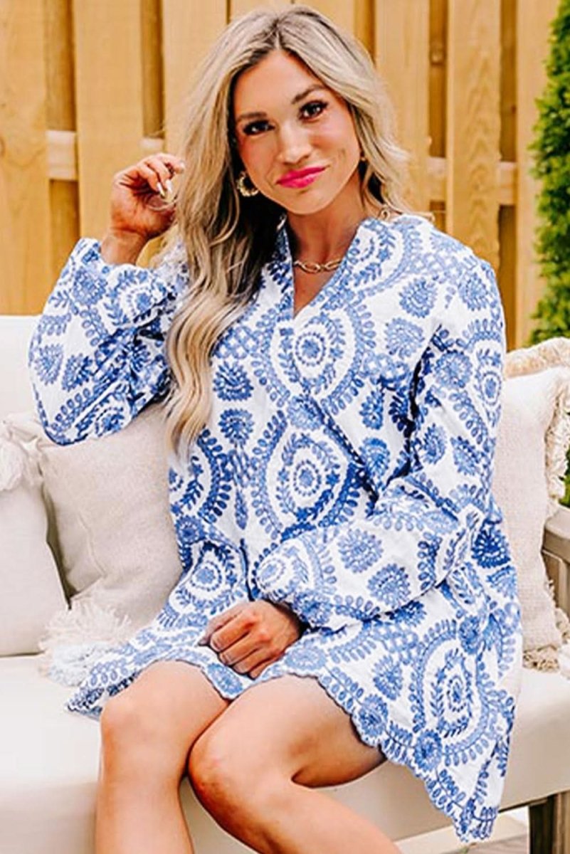 Blue Boho Floral Embroidered Notch V Neck Shift Mini Dress - Love Salve 