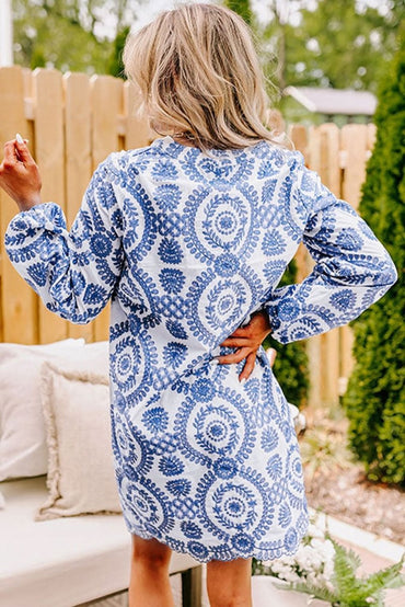 Blue Boho Floral Embroidered Notch V Neck Shift Mini Dress - Love Salve 