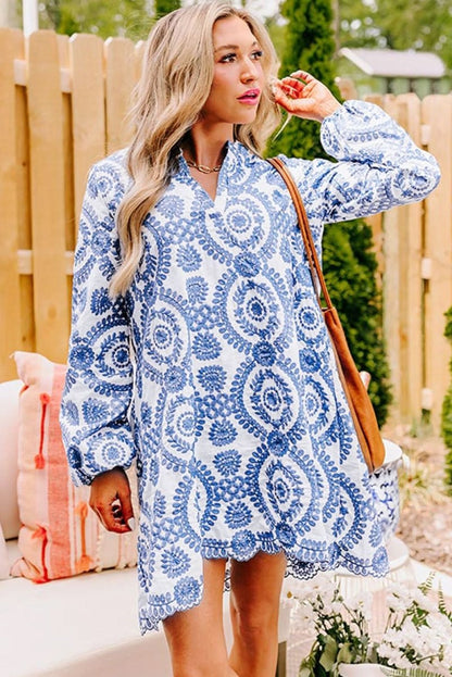Blue Boho Floral Embroidered Notch V Neck Shift Mini Dress - Love Salve 
